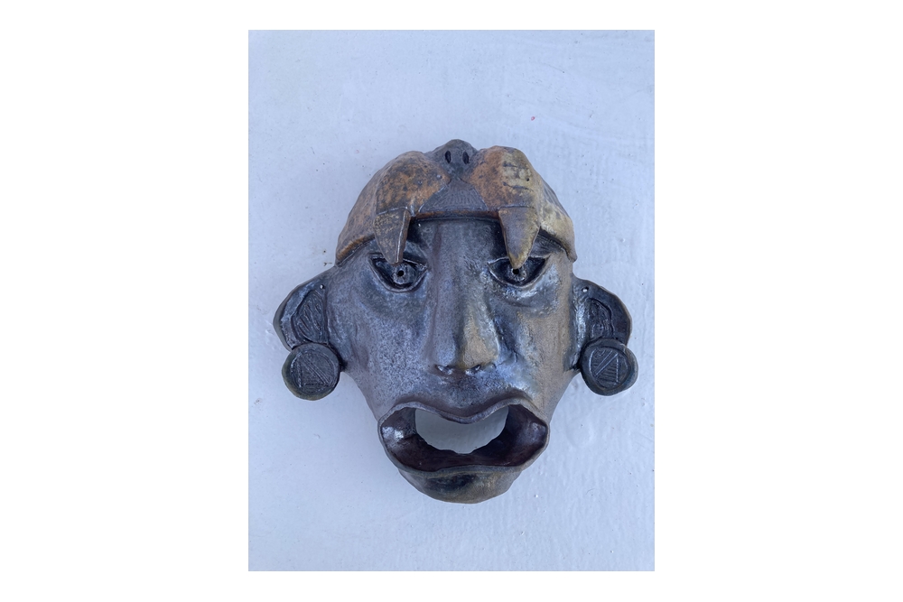 Mask 4 - Black Stoneware, various slips, handbuild, sgraffito, woodfired,